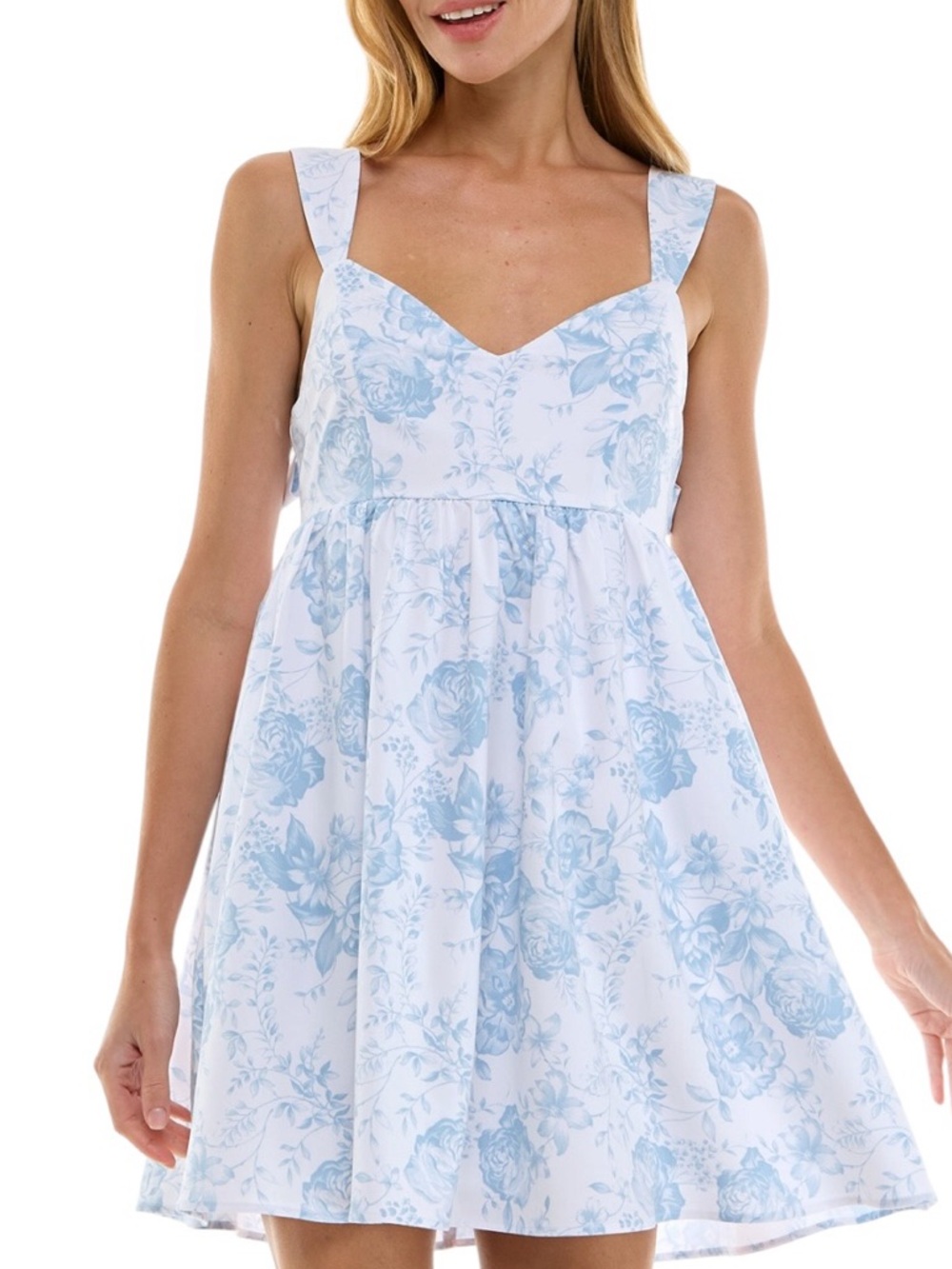 Trixxi Blue & White Floral Babydoll Mini Dress Bow Back Coquette Dollette NEW M